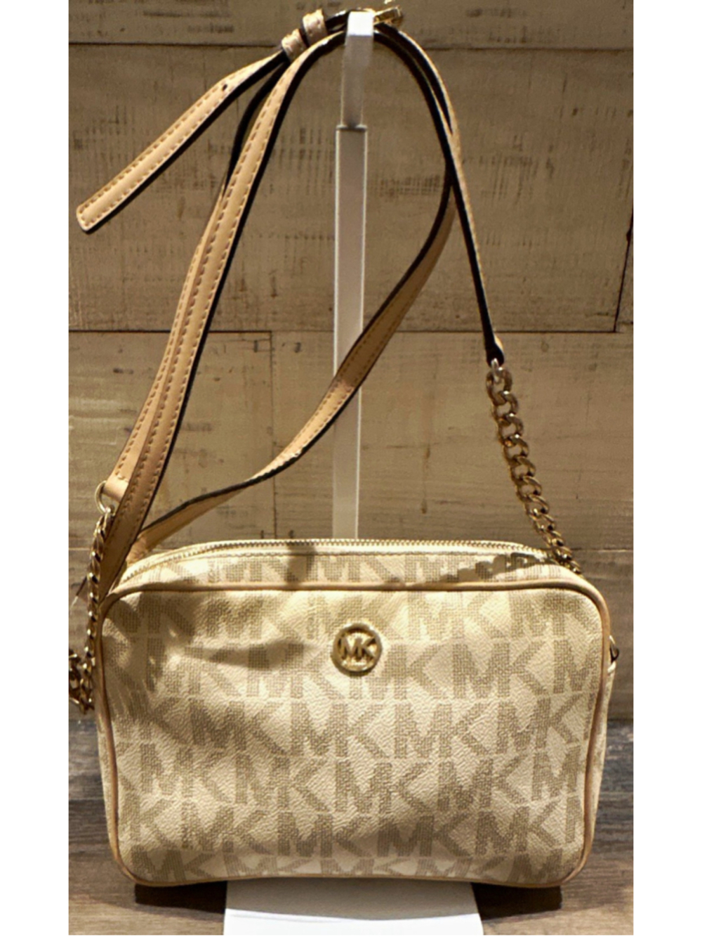 Michael Kors Signature Logo Monogram Crossbody Bag Beige Gold Chain Zip Small